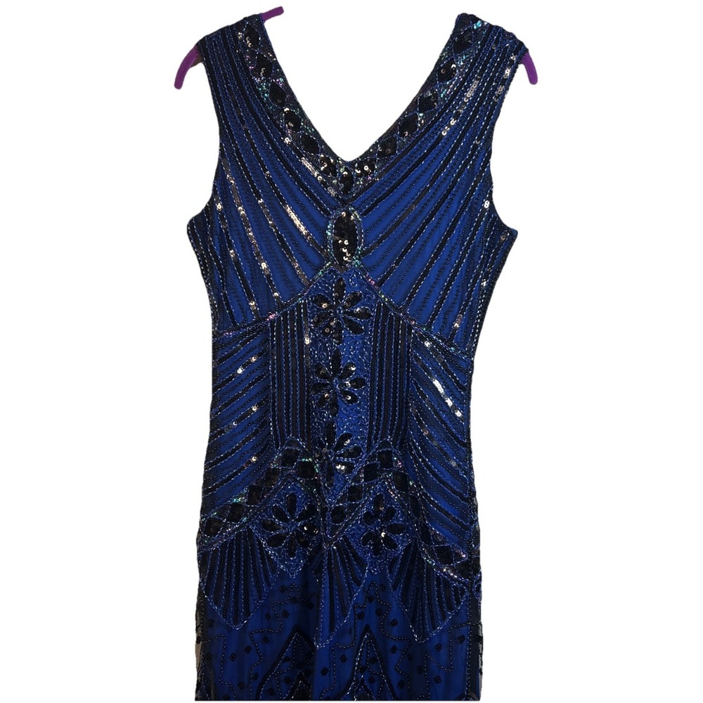 1920s Flapper Style Dress Small Blue Black Beaded Sequins Fringed Gatsby Sparkly - Picture 8 of 9